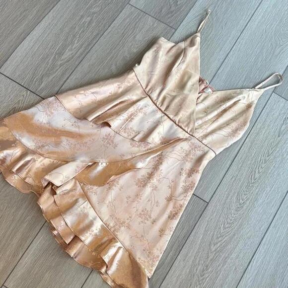 Altar'd State Gold Floral Satin Ruffed Mini Dress L - Picture 1 of 6